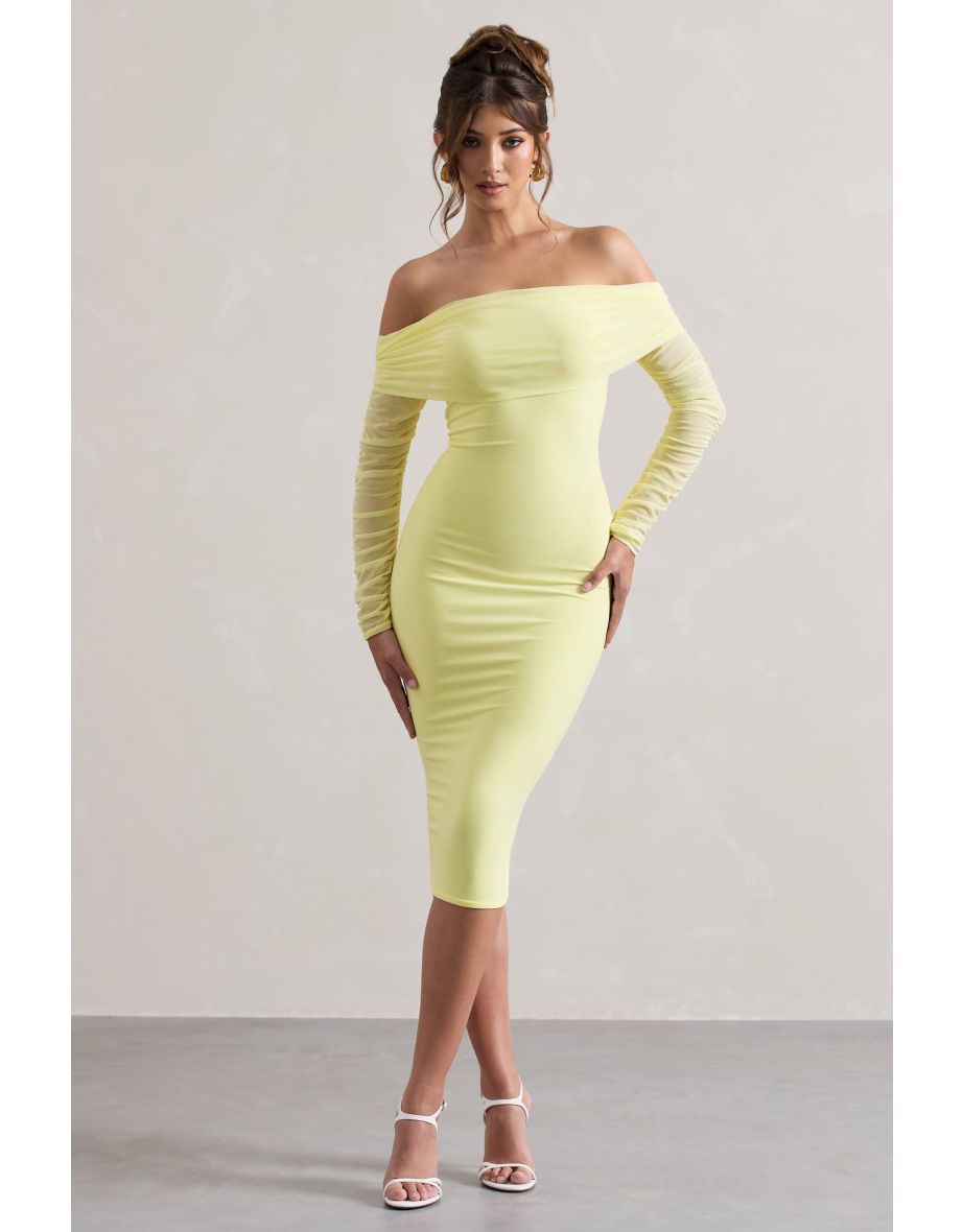 Only You | Lemon Ruched Mesh Bardot Midaxi Dress