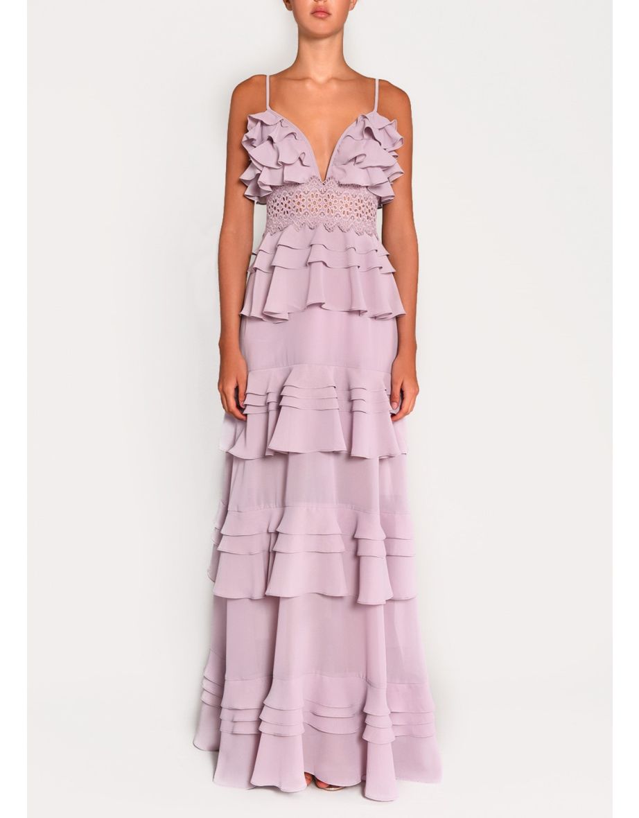 Sophia Dusty Lilac Plunge Front Tiered Ruffle Maxi-Dress