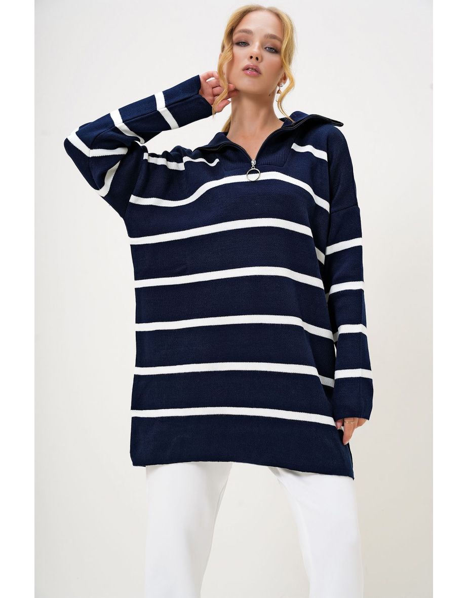 Women's Navy Blue Turtleneck Zipper Detailed Striped Knitwear Sweater Tunic