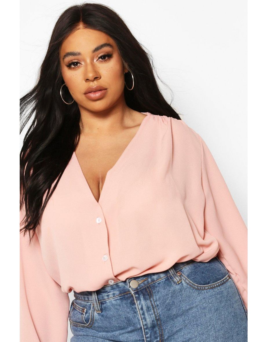 Plus Woven Button Through Collarless Shirt - blush - 3