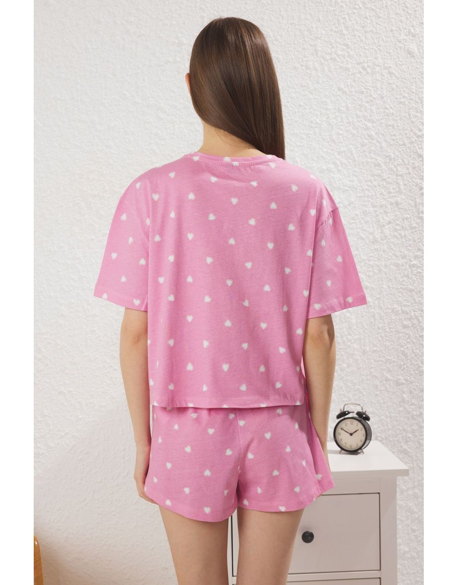 Pink 100% Cotton Heart Shorts Knitted Pajama Set - 3