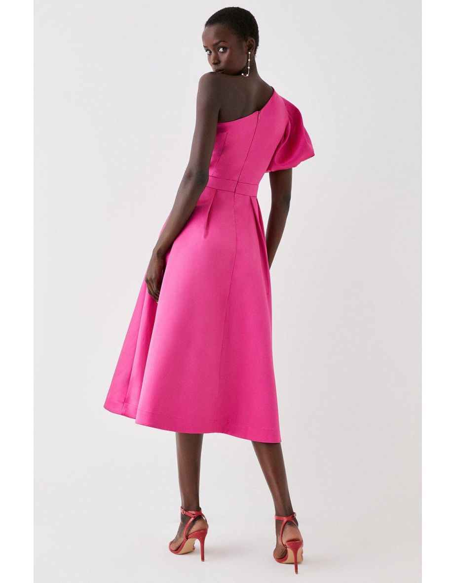 Shop One Shoulder Puff Sleeve Twill Midi Dress Online in