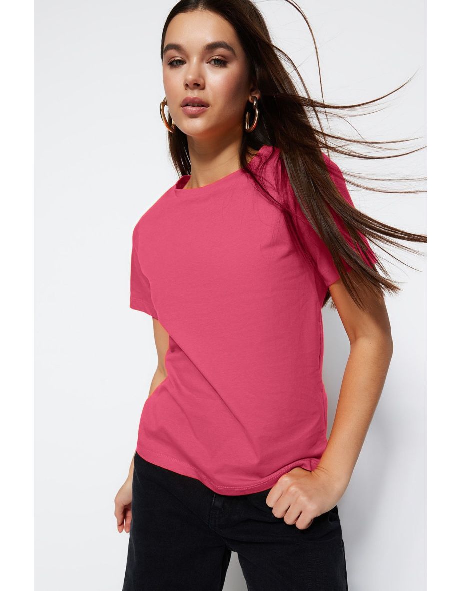 Pink*001 100% Cotton Basic Crew Neck Knitted T-Shirt
