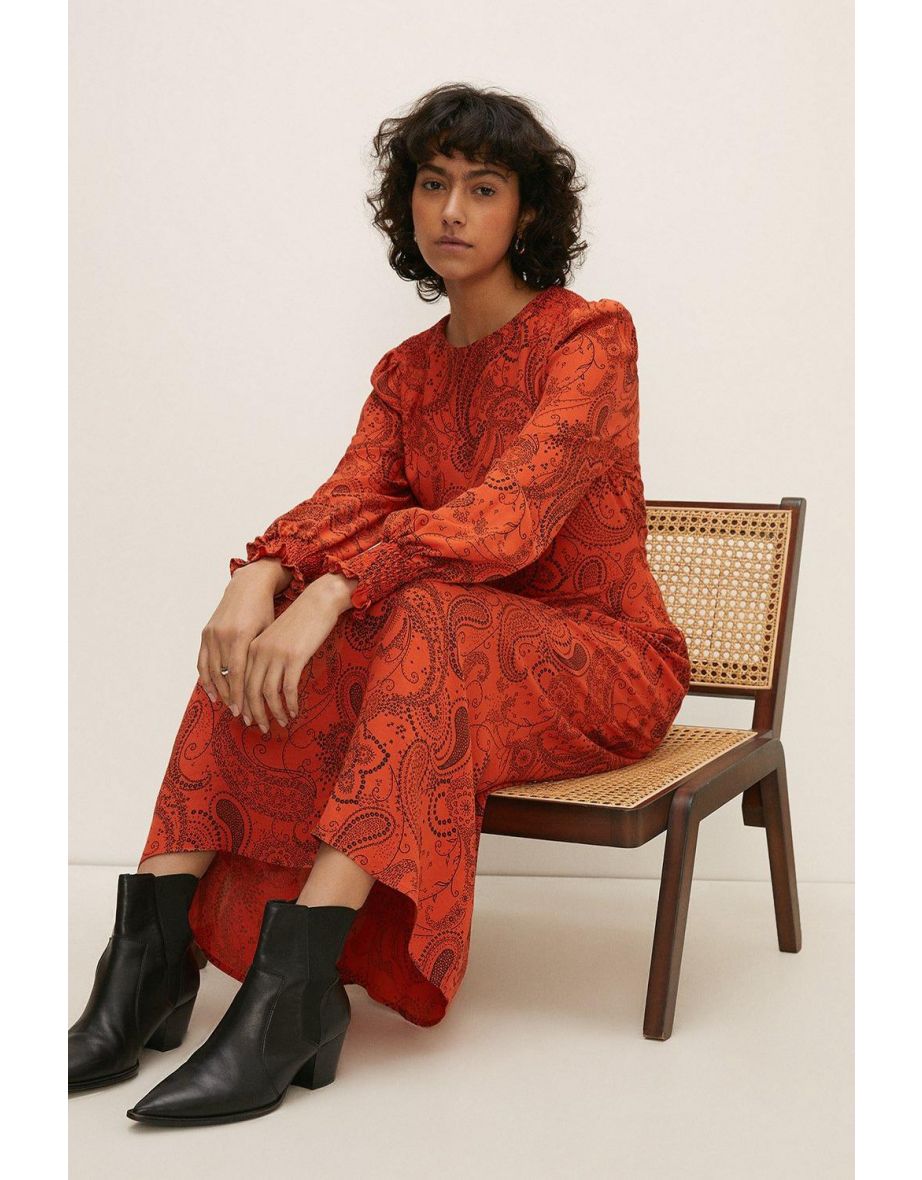 Rust Paisley Printed Shirred Cuff Midi Dress