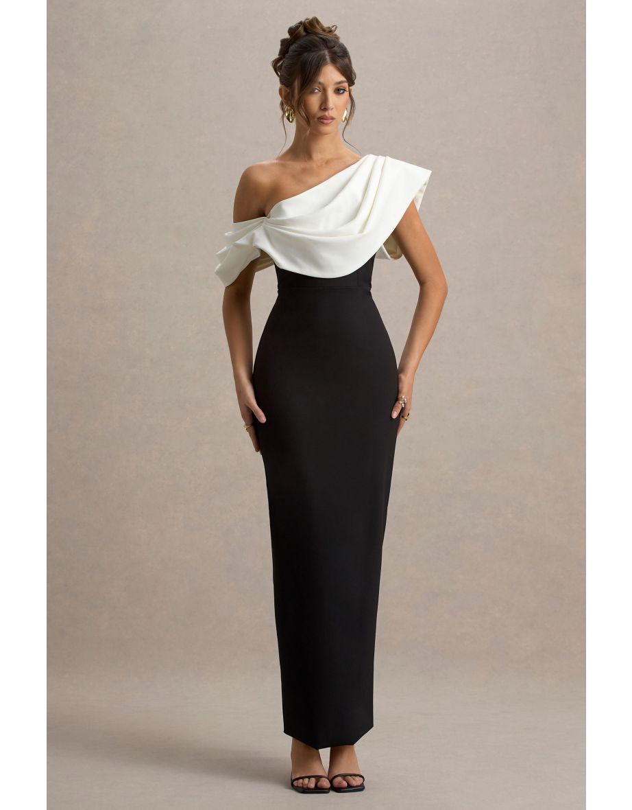Angelina | Black & White Draped Shoulder Maxi Dress