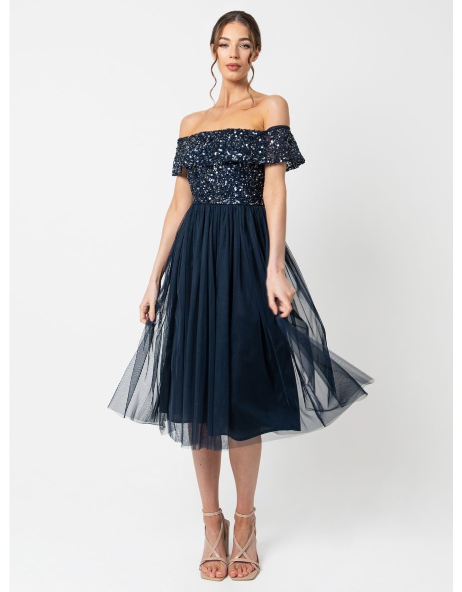 Maya bardot sequin top tulle shiny detail dress with high low hem