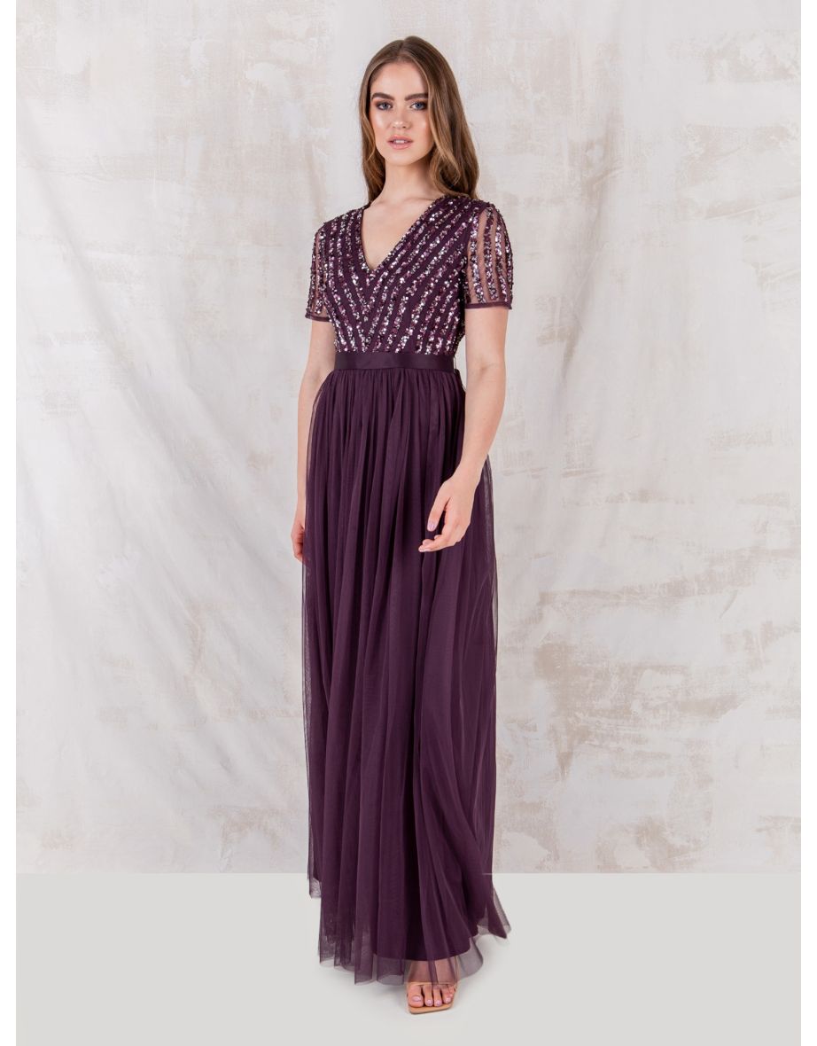 Shop Maya Berry Stripe Embellished Maxi Dress With Sash Belt Online in Bahrain VogaCloset