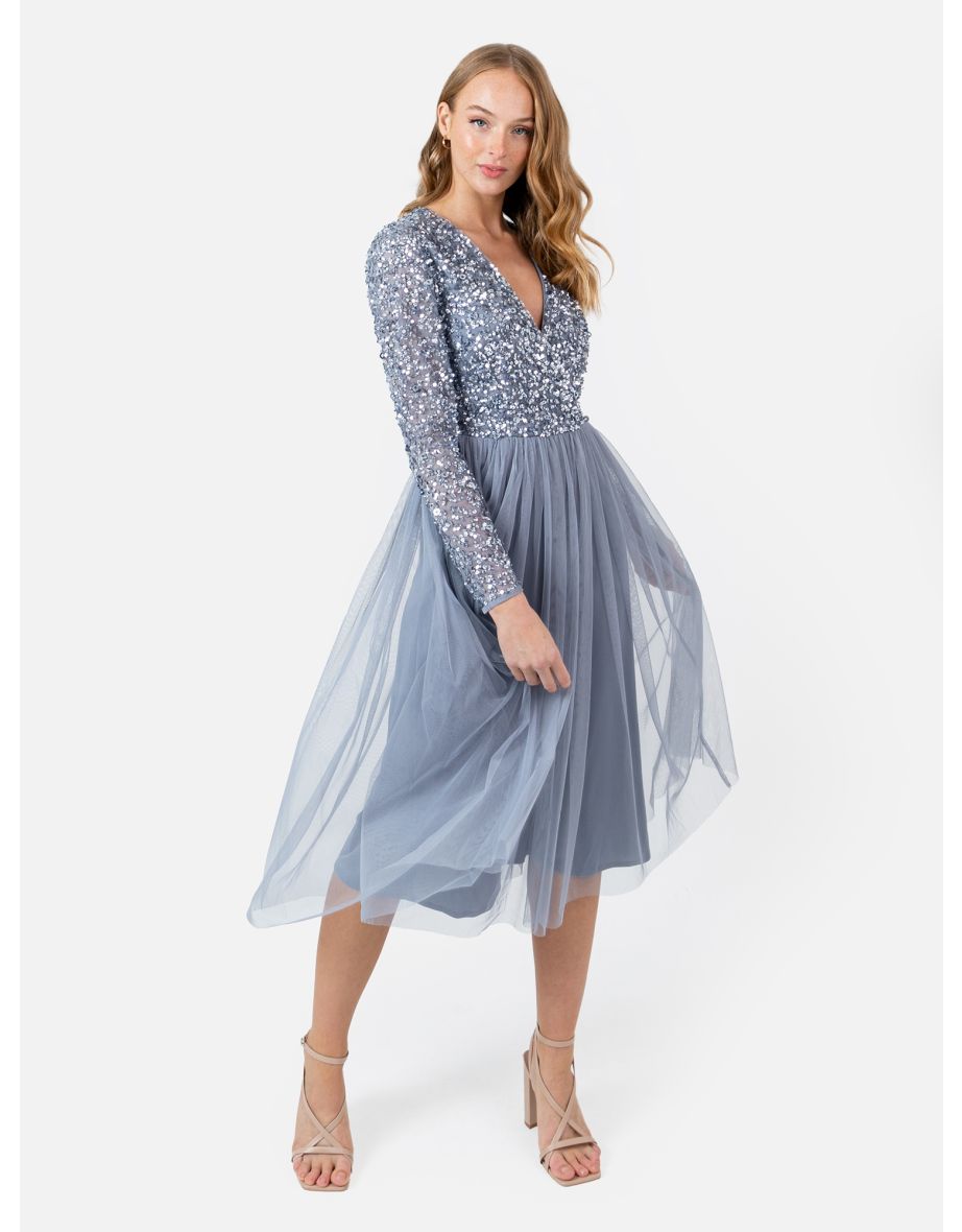 Shop Maya Dusty Blue Faux Wrap Embellished Long Sleeve Midi Dress Online in Bahrain VogaCloset