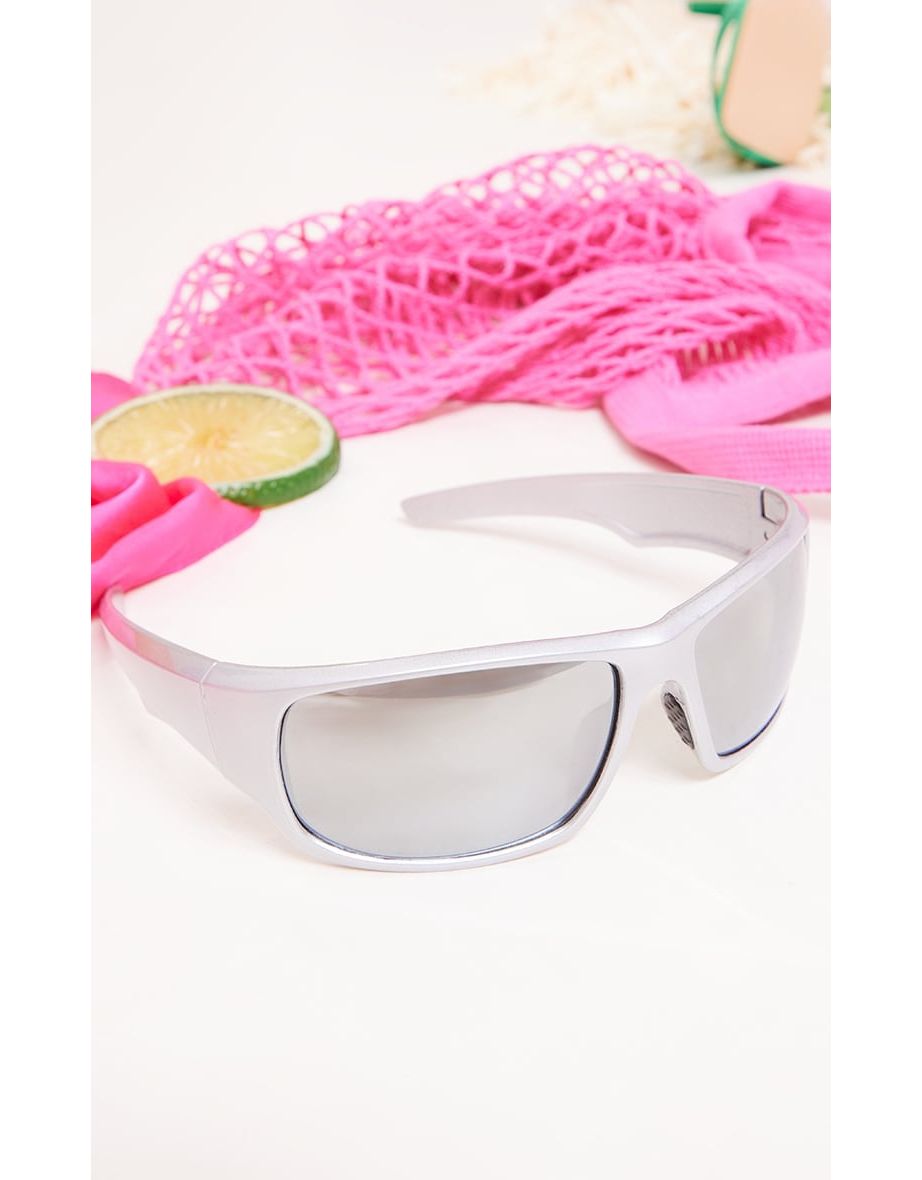 Silver Mirrored Lens Rectangular Sporty Visor Sunglasses - 2