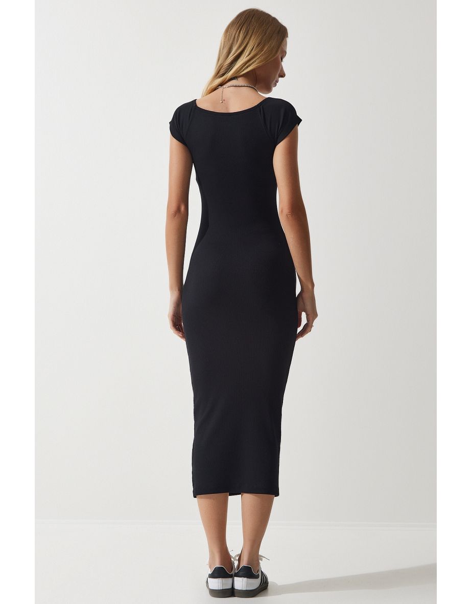 Women's Black Crew Neck Ribbed Knitted Modal Dress - 4