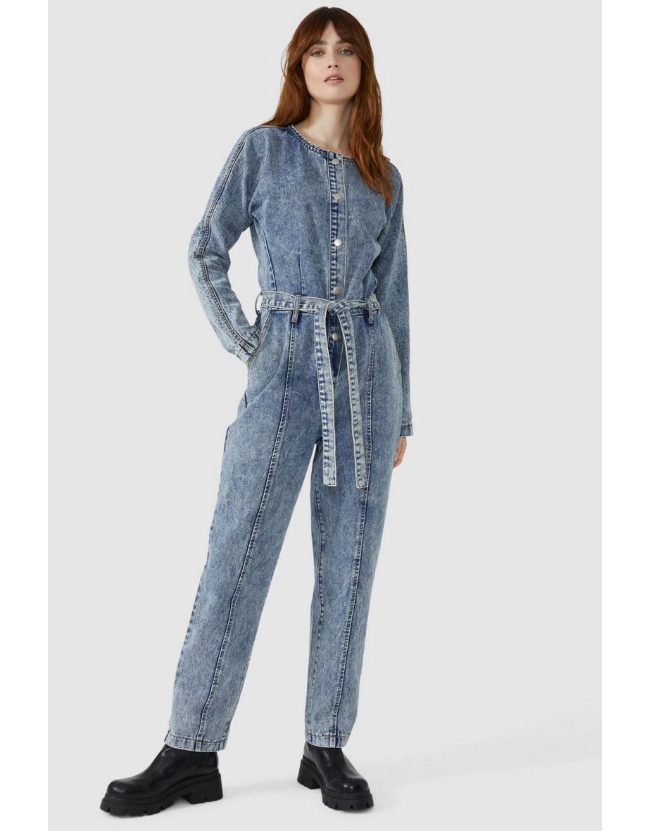 Acid Wash Tie Waist Jumpsuit - bleach wash - 3