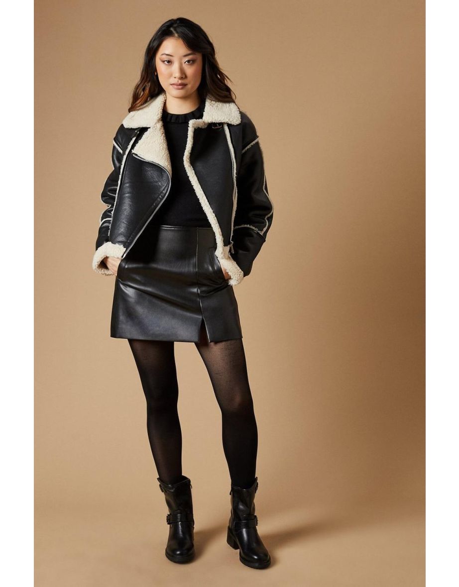 PU Borg Detail Collared Zip Jacket