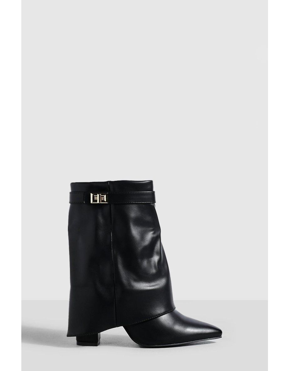 Mid Height Fold Over Metal Detail Boots - black