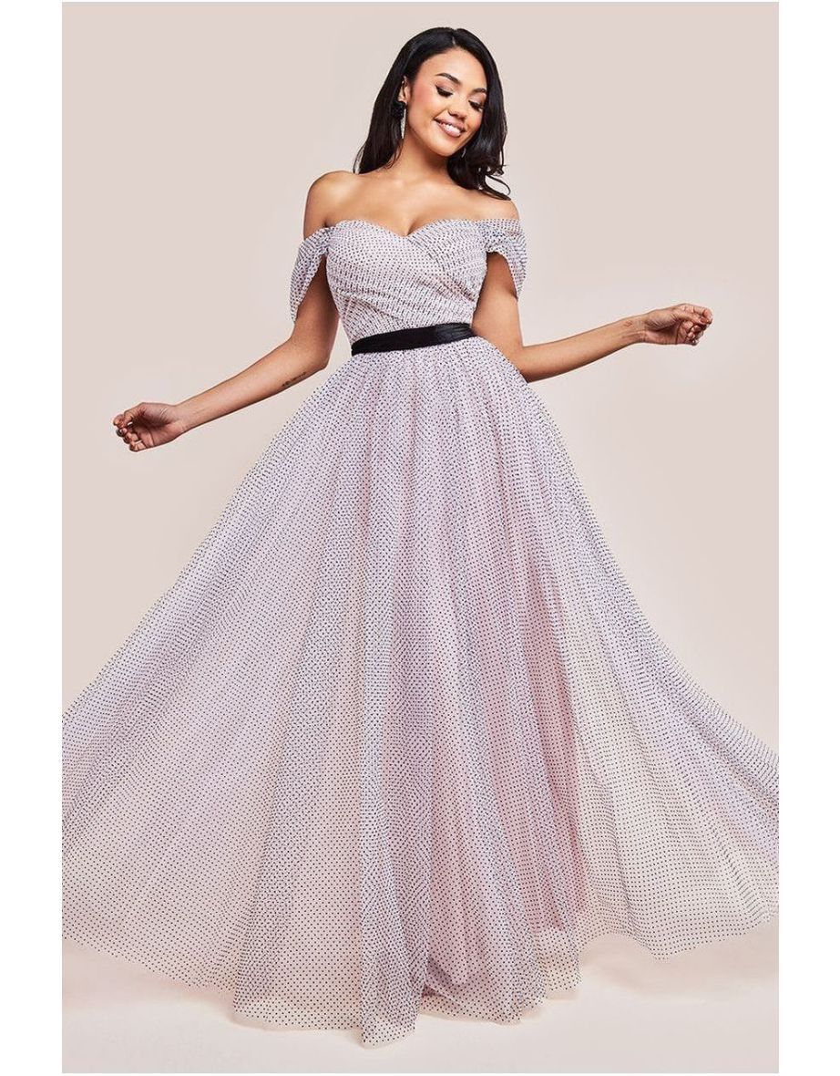Goddiva Dobby Mesh Off The Shoulder Princess Maxi Dress - Blush