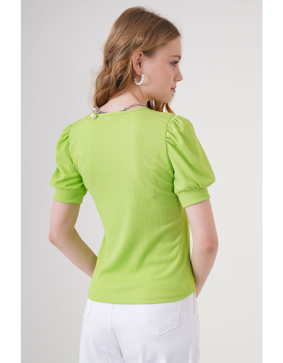 Square Neck Knitted Blouse - E.green - 4