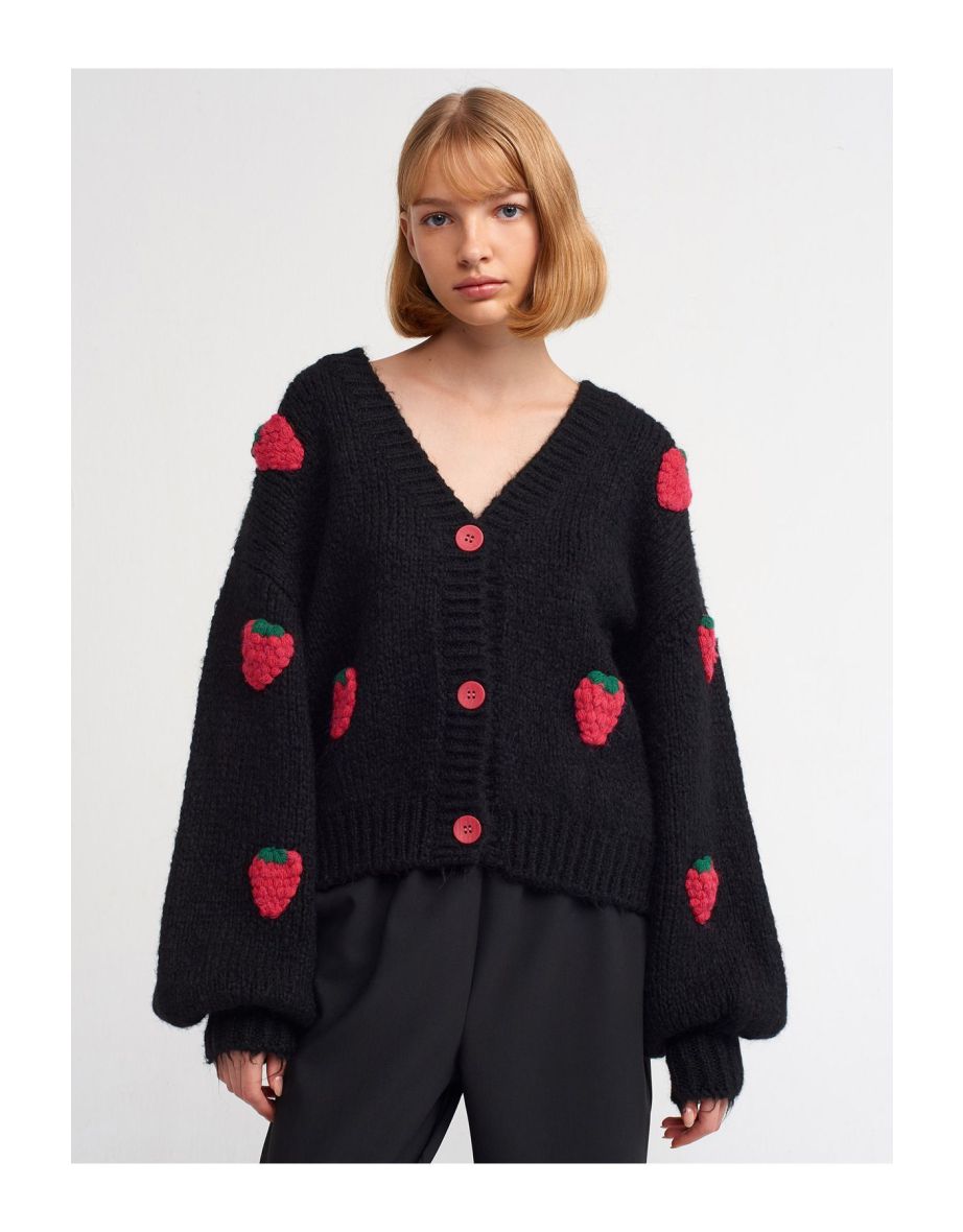 Shop V-Neck Strawberry Embroidered Balloon Sleeve Knitwear