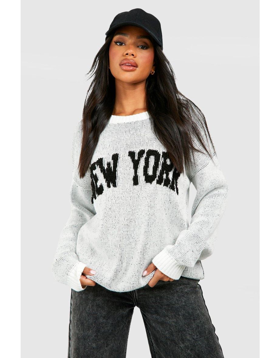 Textured New York Slogan Jumper - ivory