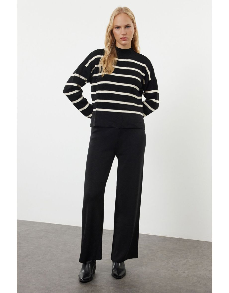 Black Striped Knitted Trousers Bottom-Top Set