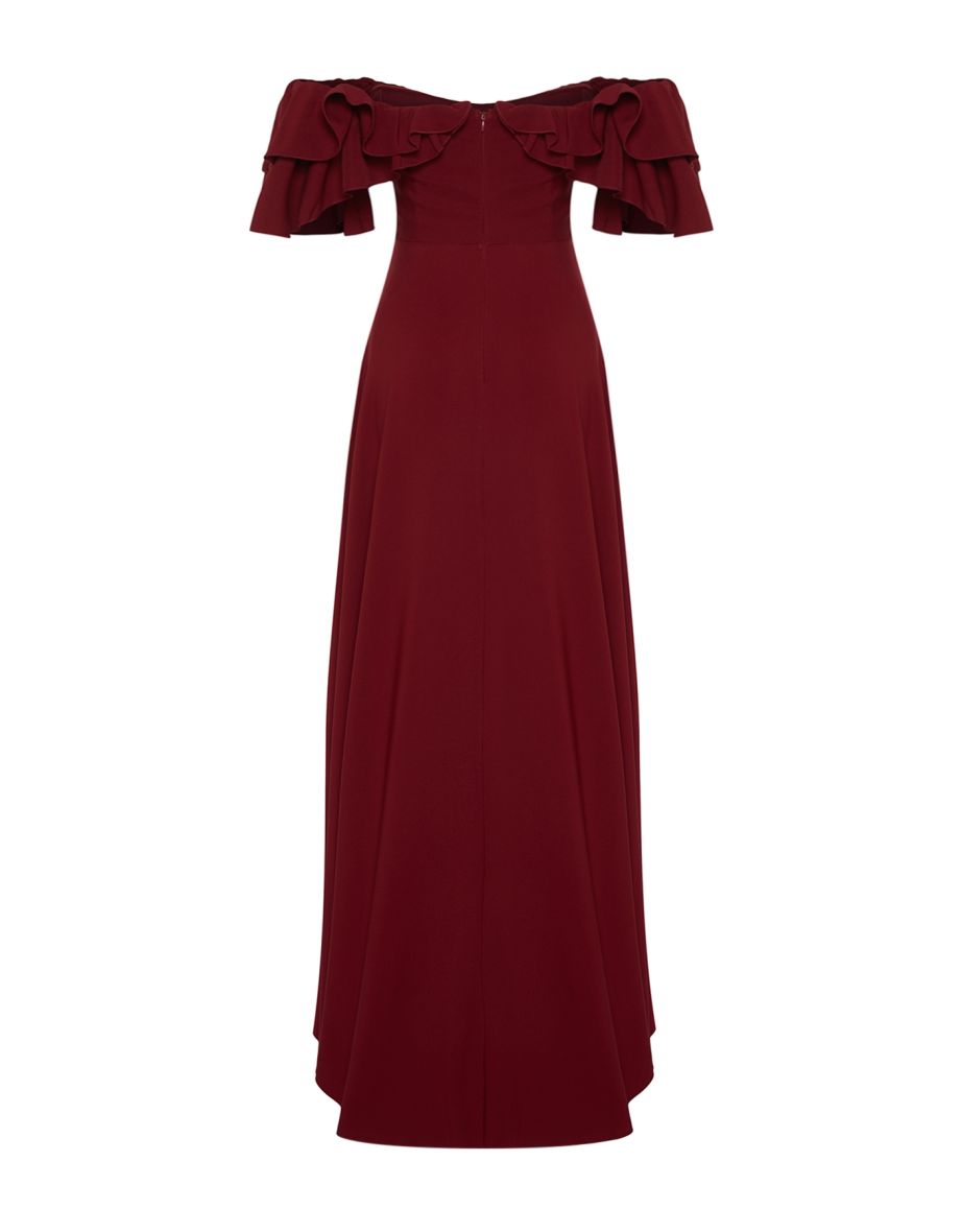 Burgundy Waist Opening/Skater Woven Flounce Long Evening Evening Dress - 7