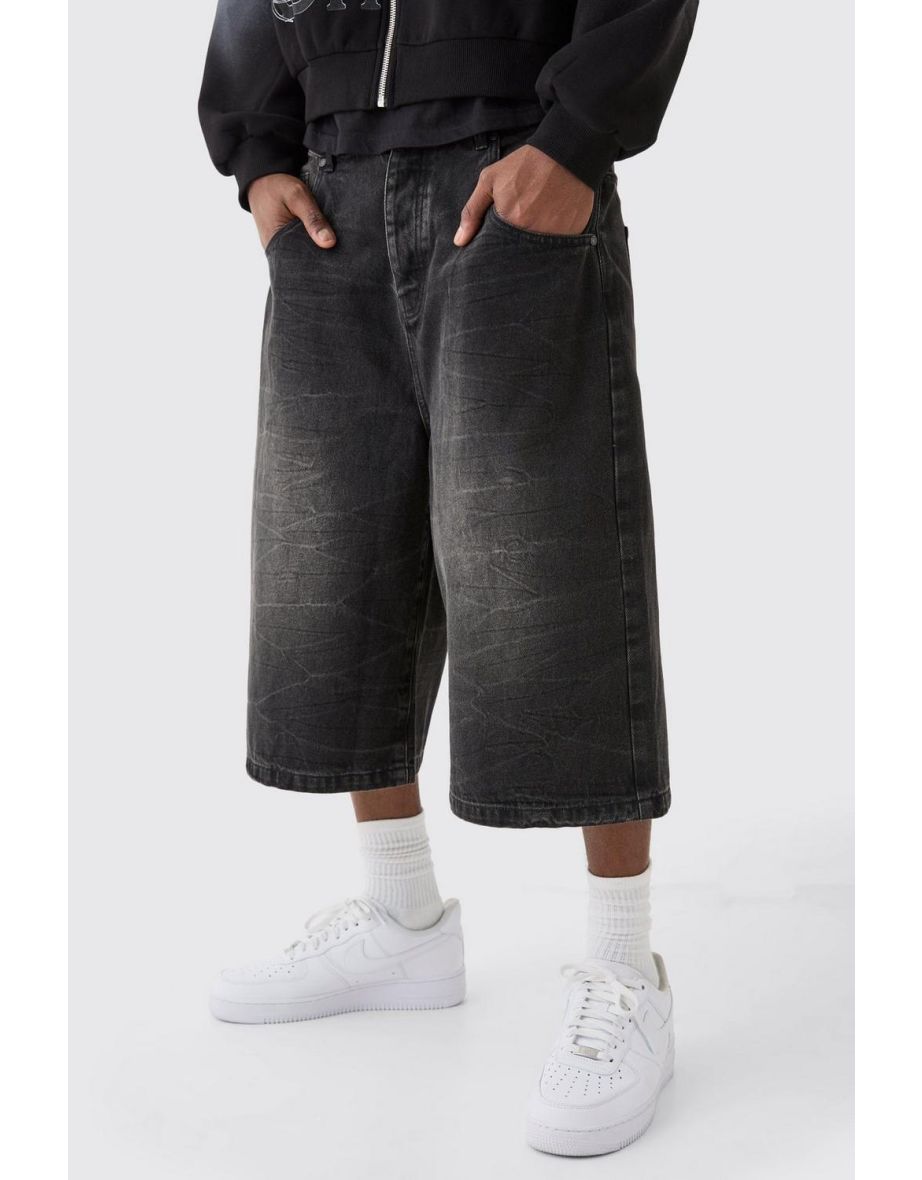 Long Line Denim Jorts In Washed Black - washed black