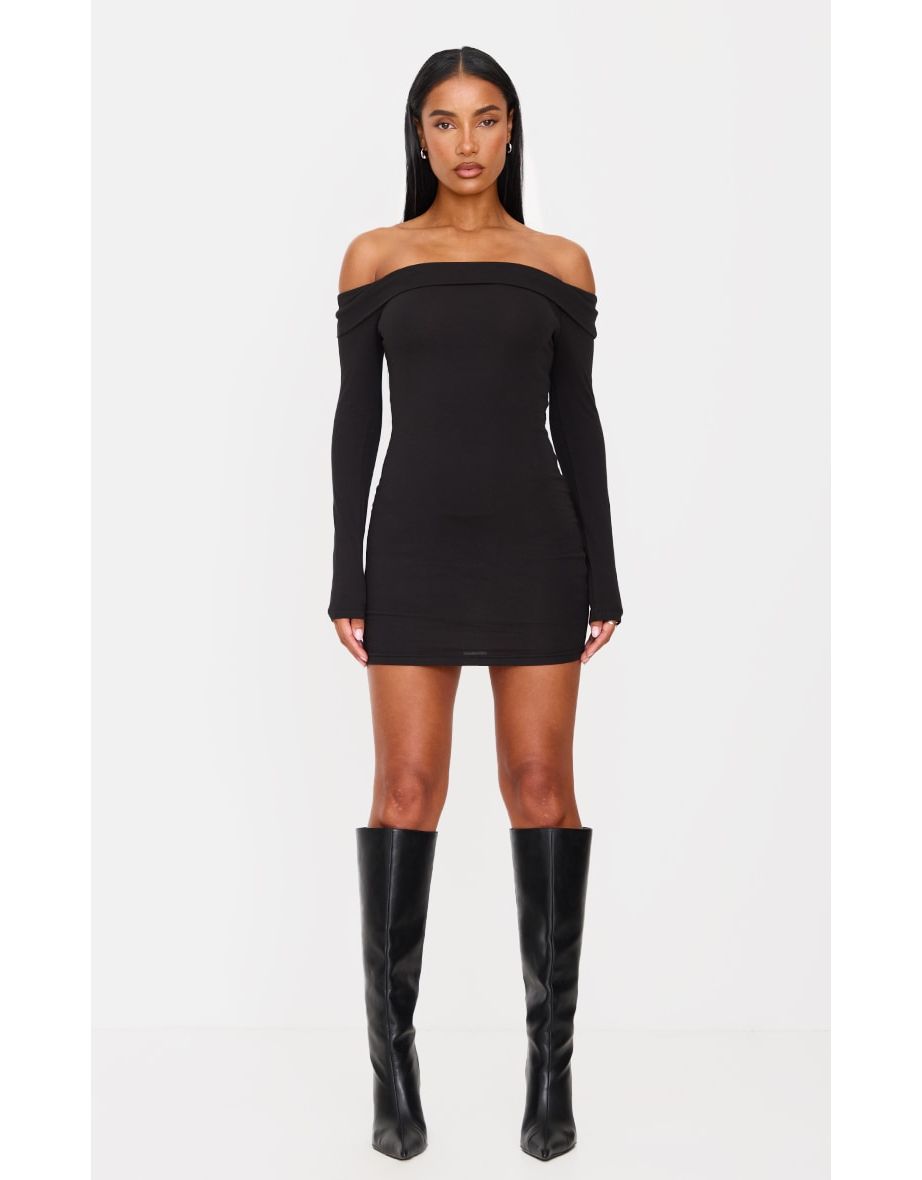 Black Cotton Bardot Fold Over Mini Dress