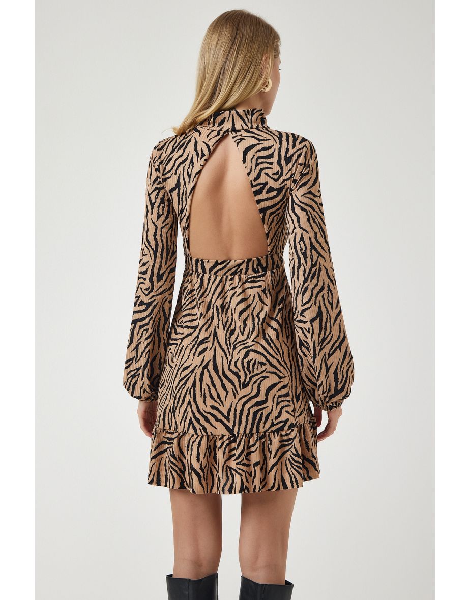 Women's Beige Black Decollete High Neck Knitted Dress - 12