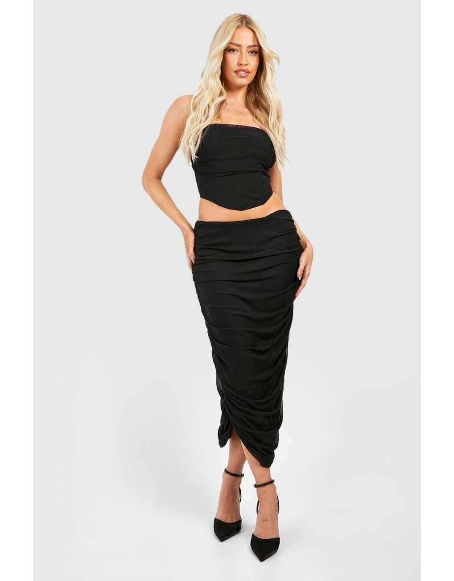 Ruched Side Mesh Midaxi Skirt - black