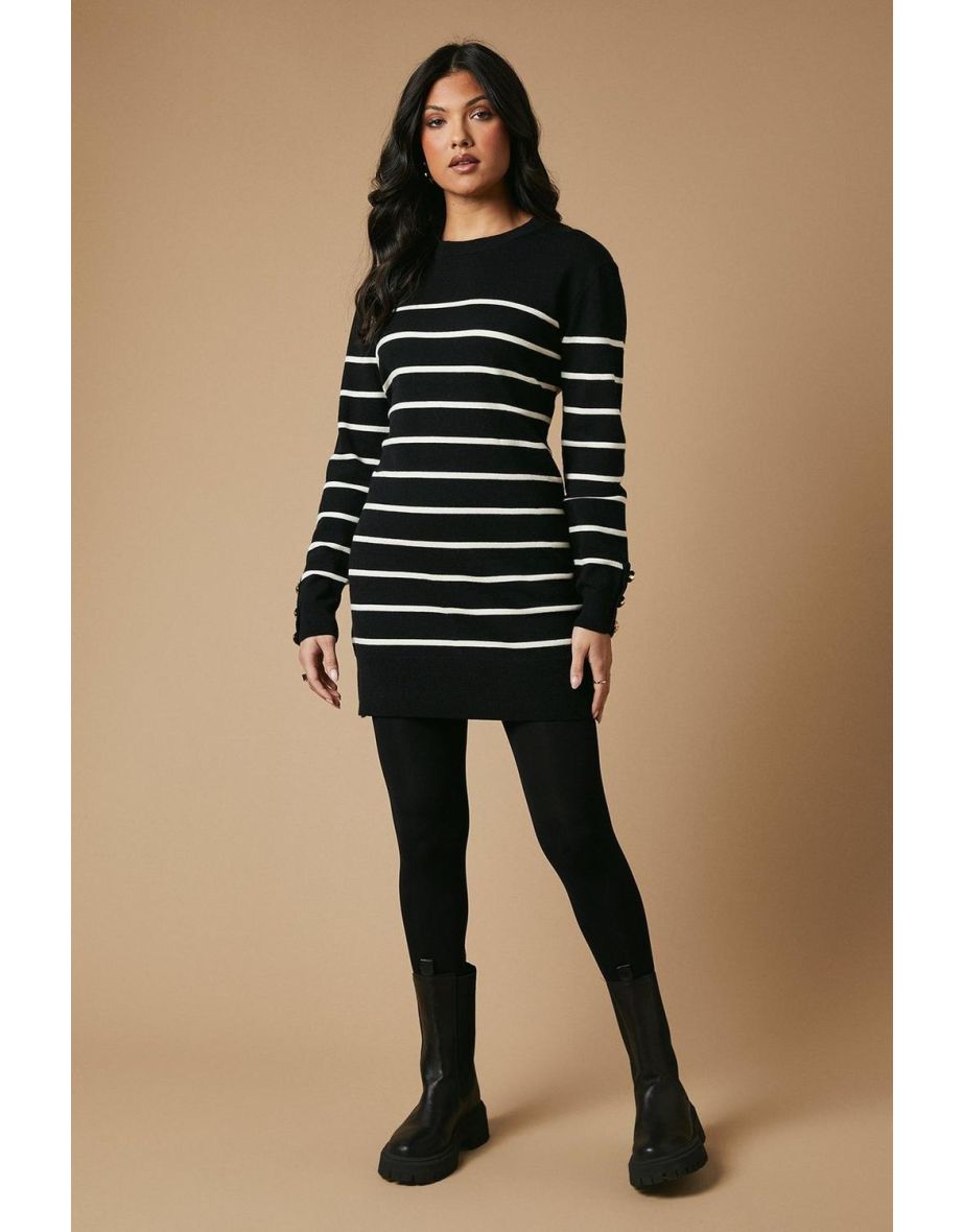 Striped Button Cuff Knitted Mini Dress
