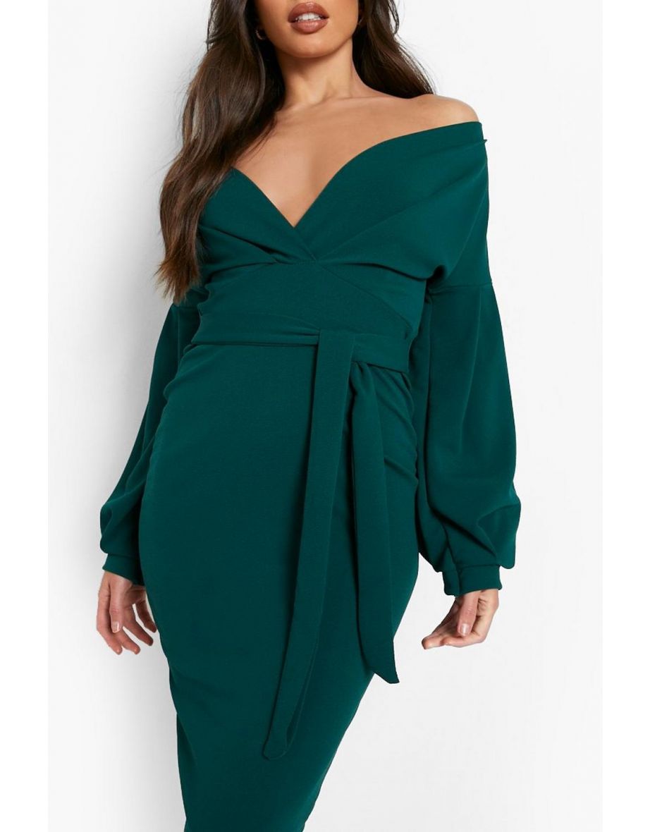 Tall Off The Shoulder Wrap Midi Bodycon Dress - emerald - 3