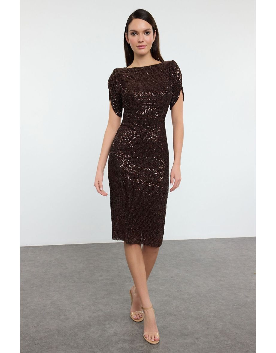Brown Body-Styling Glittery Knitted Sequin Chic Evening Dress