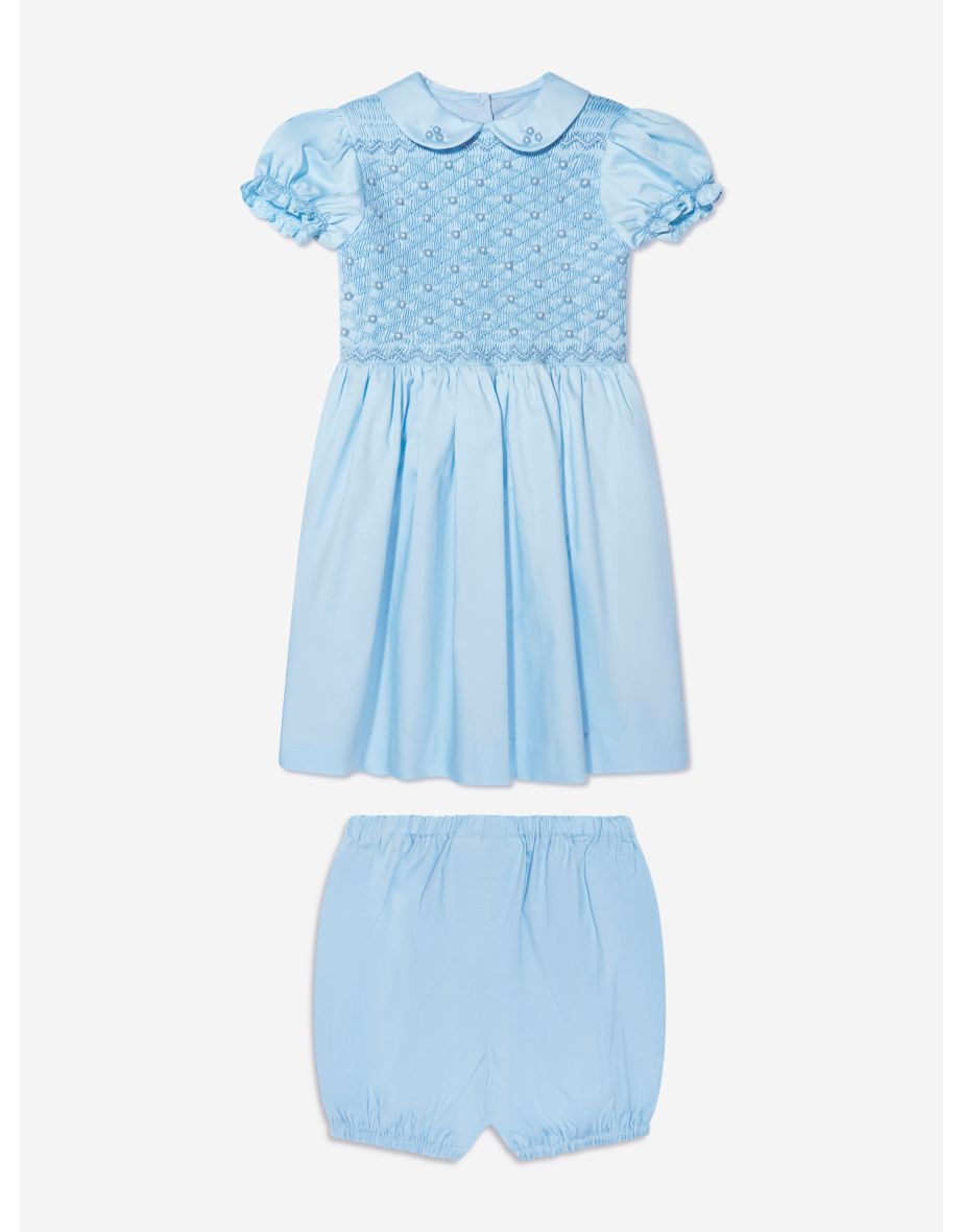 Baby Girls Rose Smocked Dress And Bloomers in Blue