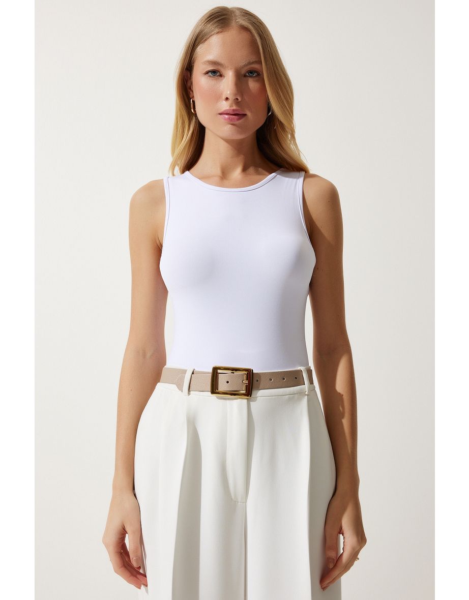 Women's White Sleeveless Snap-On Knitted Top