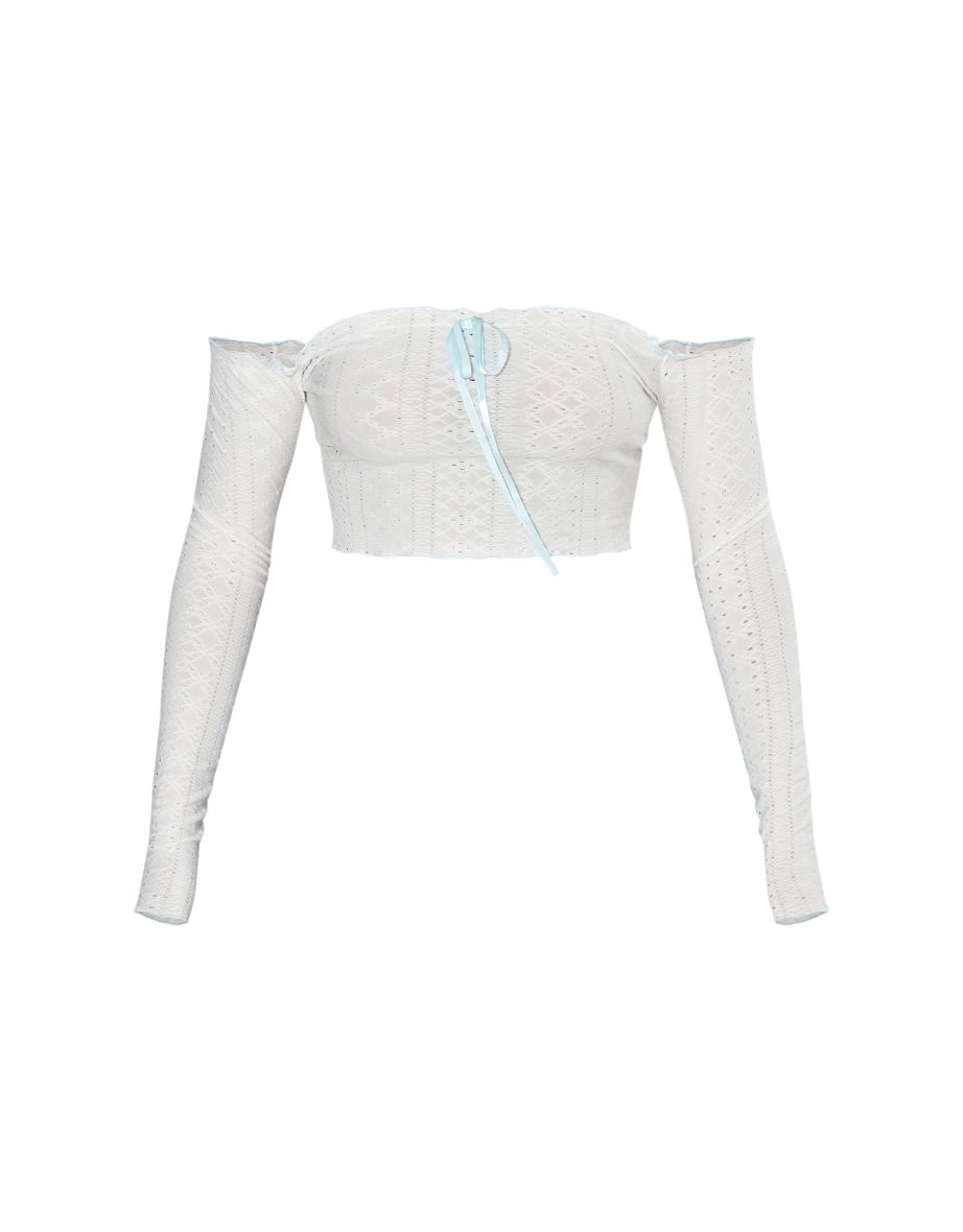 White Textured Stretch Ribbon Trim Long Sleeve Bardot Crop Top - 4