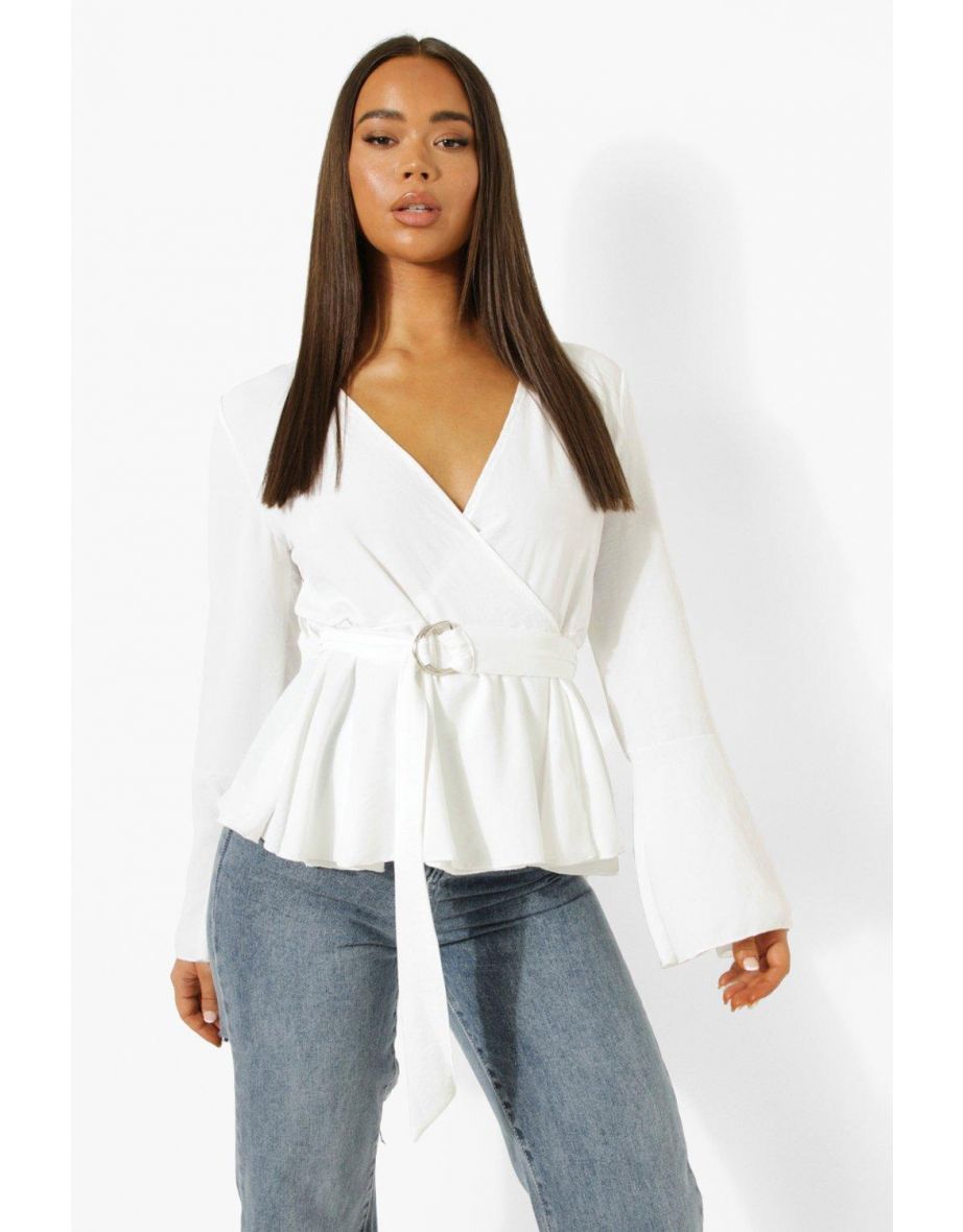 Flared Sleeve Belted Blouse - ivory - 3