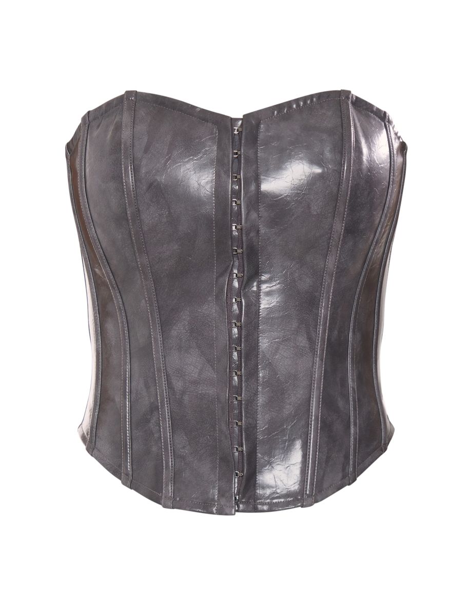 Stone Washed Faux Leather Hook And Eye Structured Corset - 4