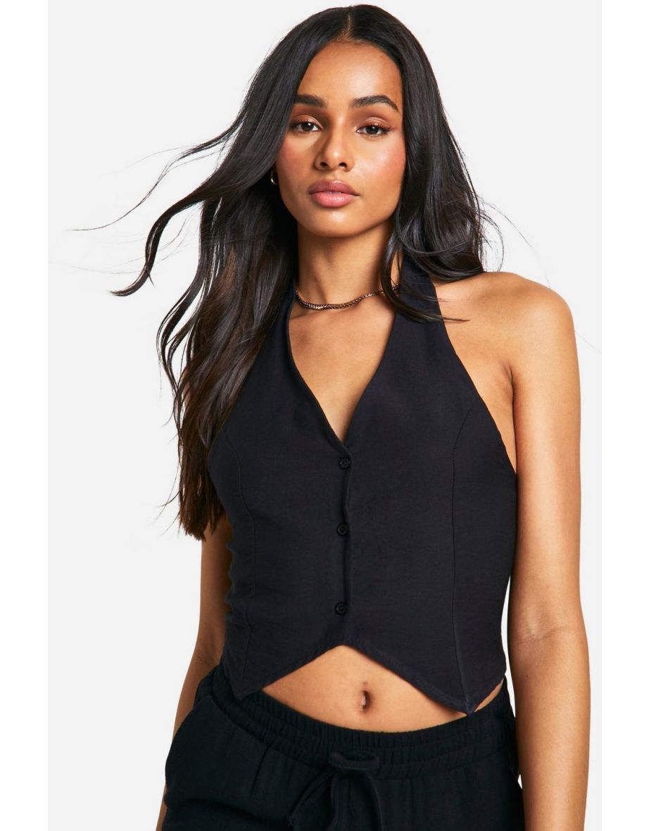 Tall Woven Textured Halterneck Waistcoat Top - black - 3