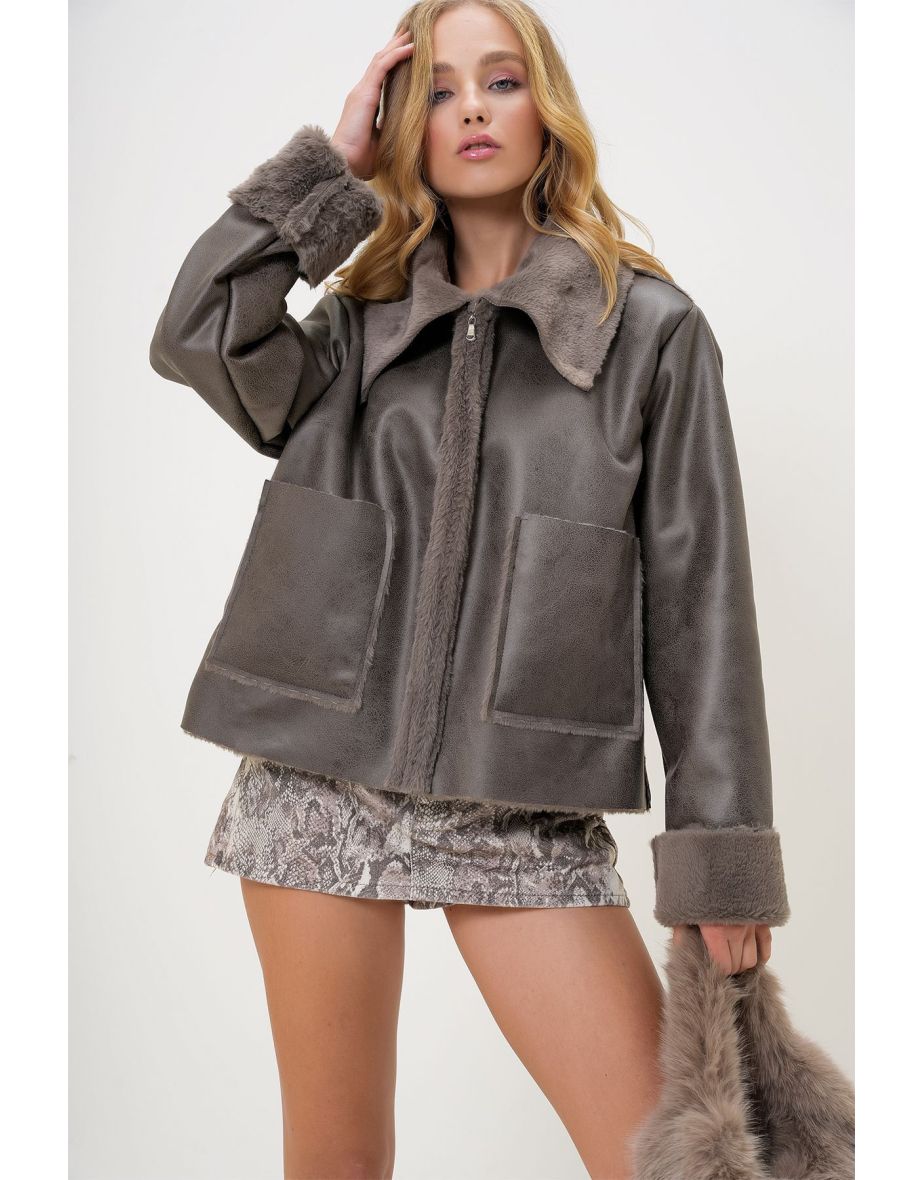 Women's Anthracite Shirt Collar Plush Pocket Faux Leather Biker Winter Jacket