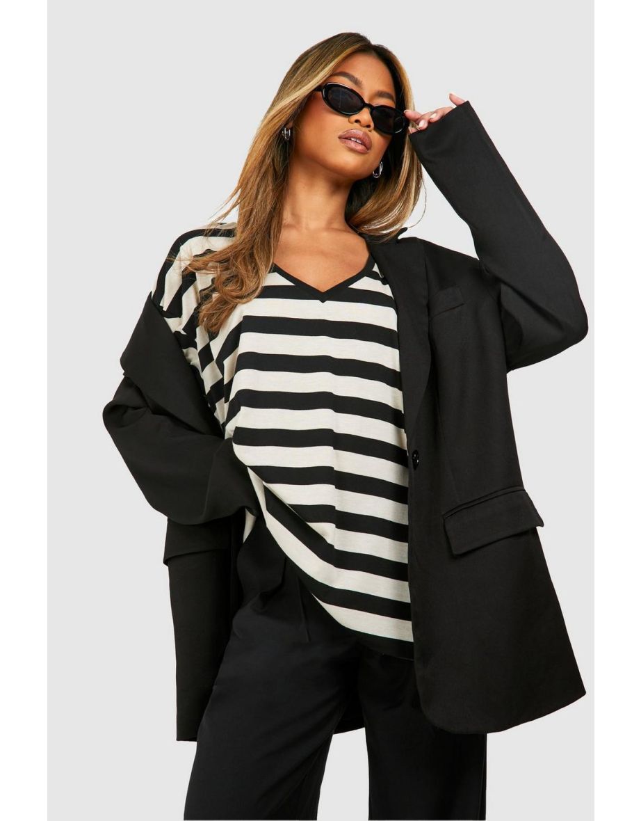 Short Sleeve V Neck Striped T-shirt - black