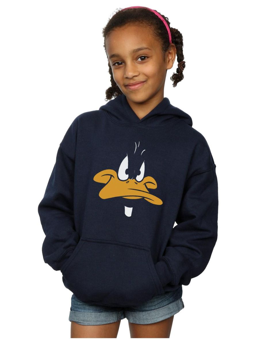 Looney Tunes Girls Daffy Duck Big Face Hoodie - Navy Blue