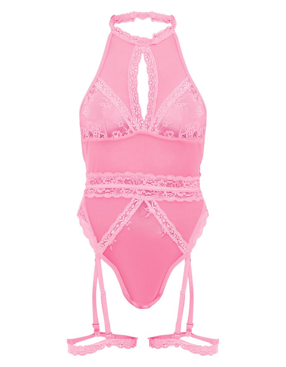 Pink Lace Halter Neck Suspender Bodysuit - 4