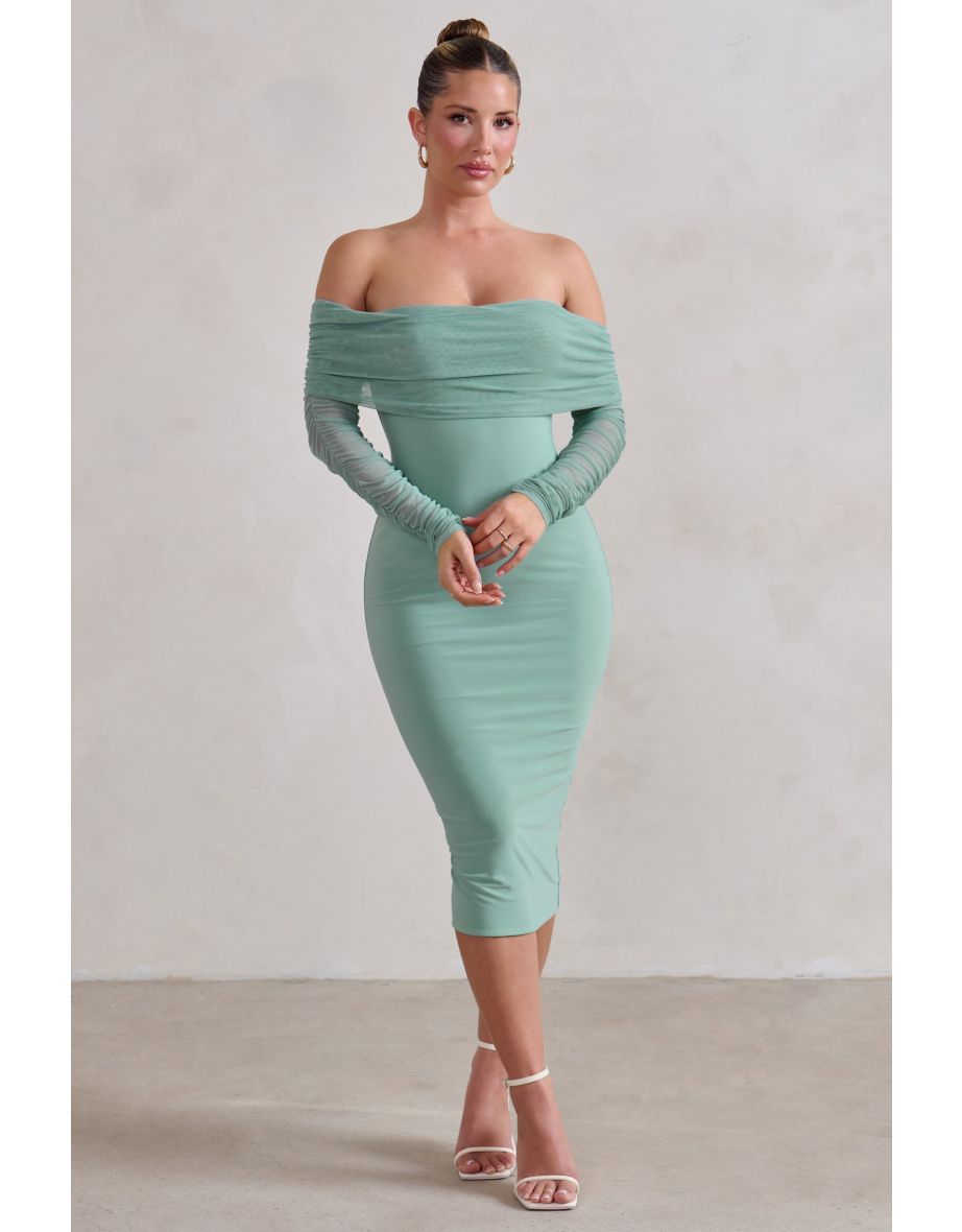 Only You | Sage Ruched Mesh Bardot Midi Dress - 3