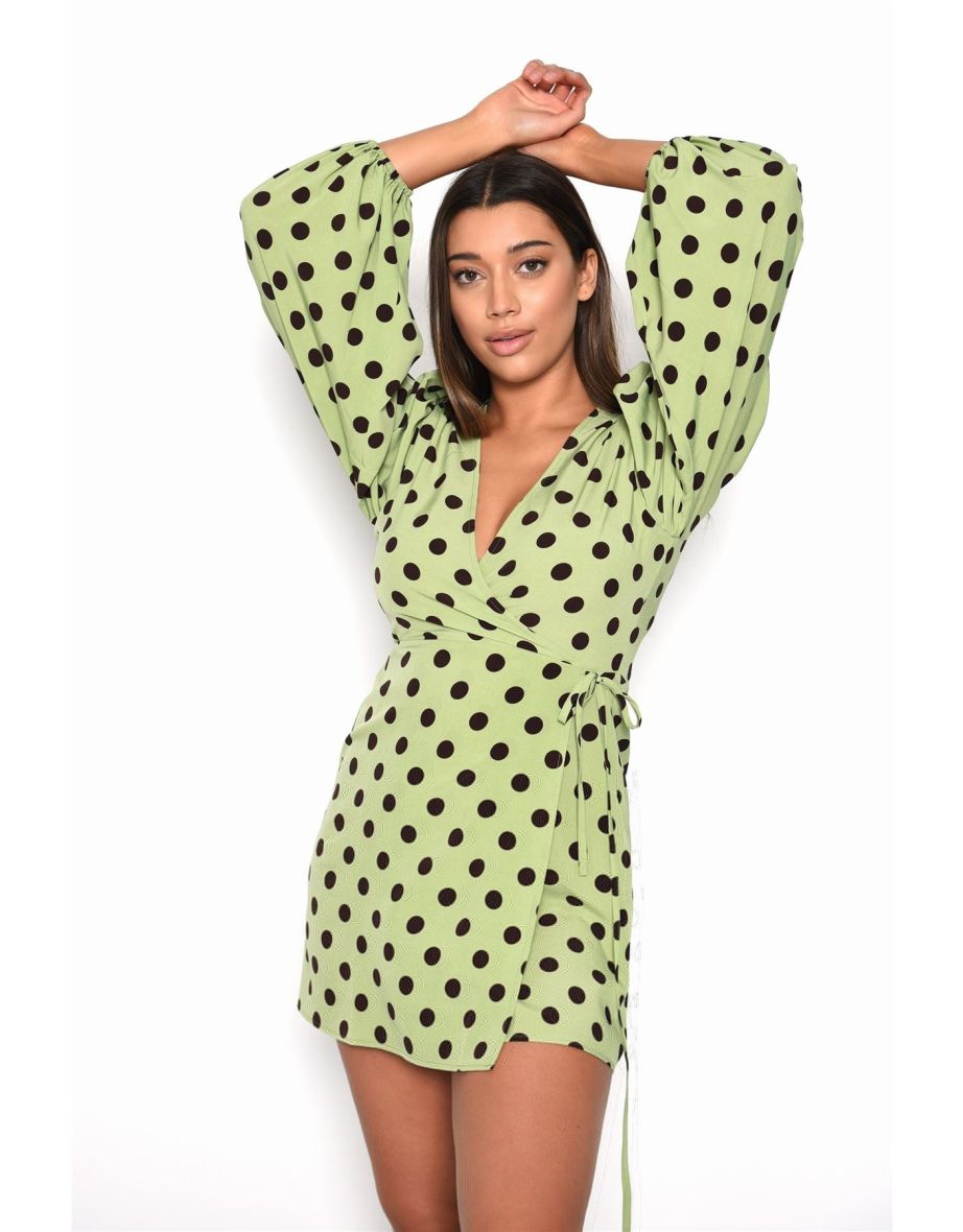 Green Brown Polka Dot Wrap Mini-Dress - 3