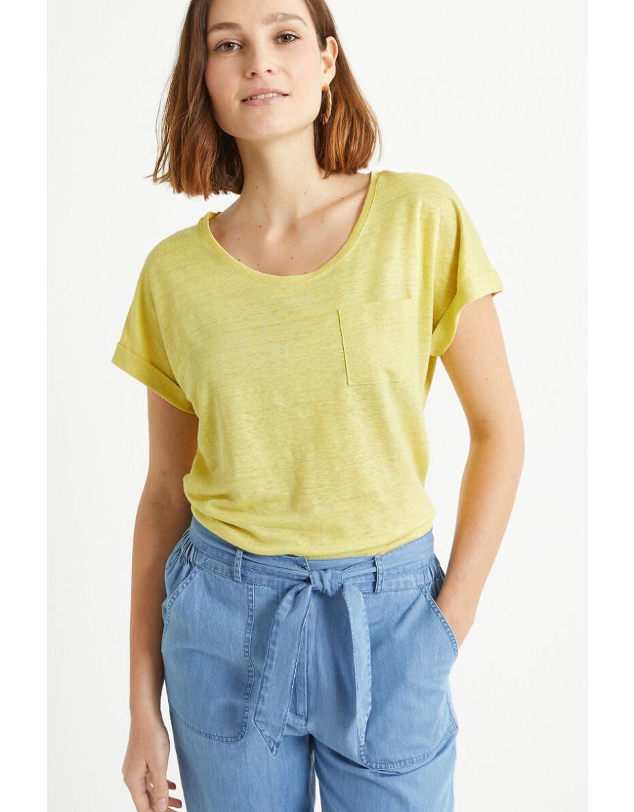 Linen Scoop Neck T-Shirt with Short Sleeves