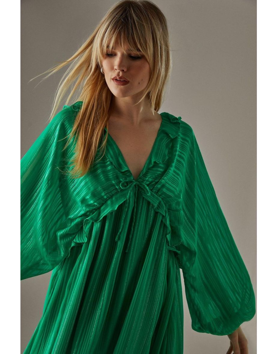 Shadow Stripe Volume Sleeve Hanky Hem Midaxi Dress - 3