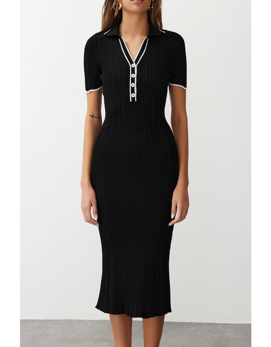 Black Midi Knitwear Polo Collar Dress - 5