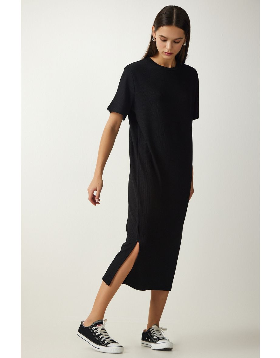 Women's Black Crew Neck Knitted Ribbed Dress