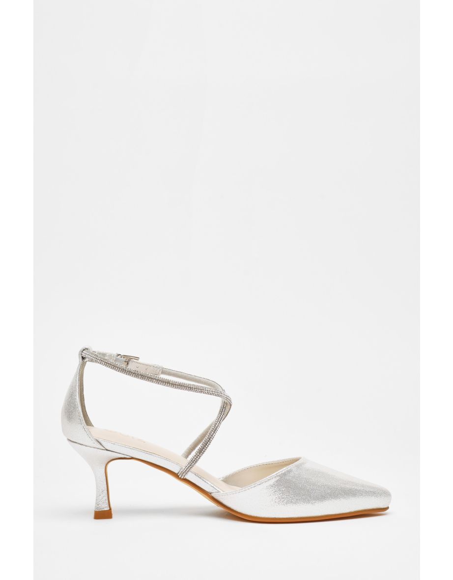 Silver Shimmer Cross Strap Low Court Heels - 4