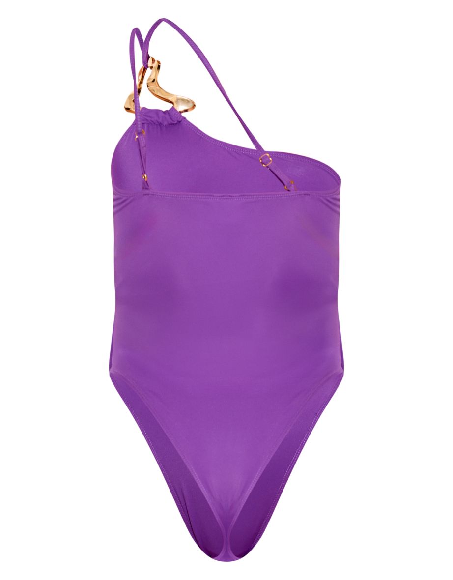 Purple Gold Trim Asymmetric Swimsuit - 4