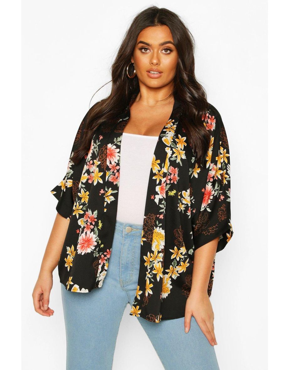 Plus Large Floral Kimono - black