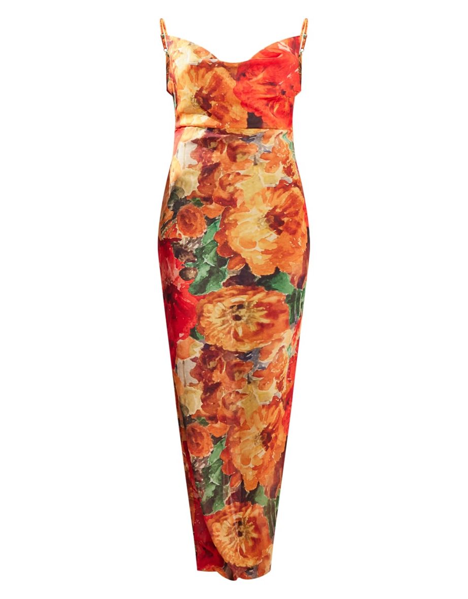 Orange Floral Print Sheer Chiffon Lace Up Back Maxi Dress - 4